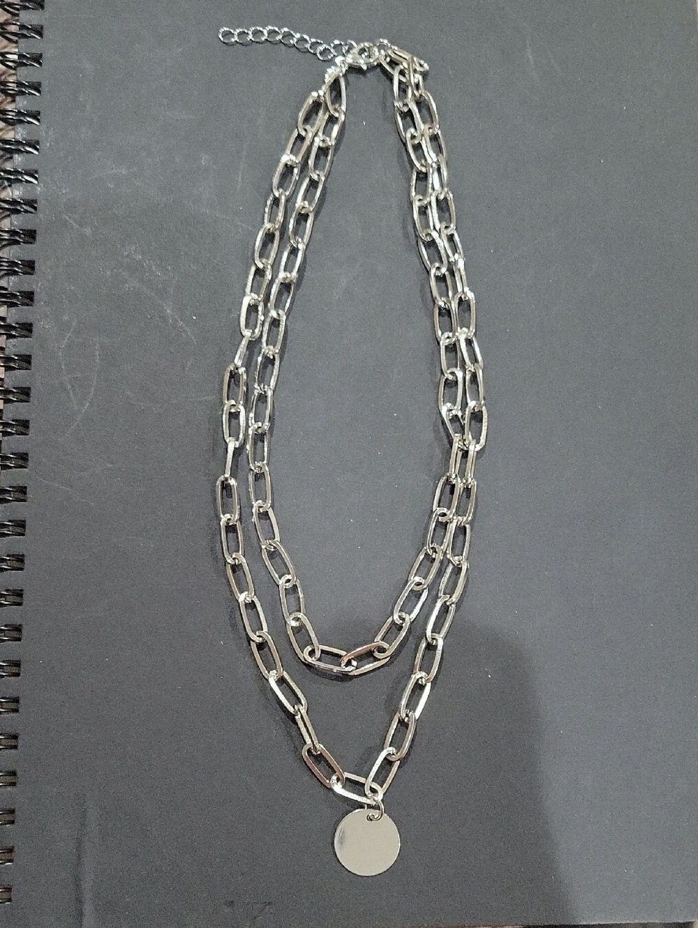 Silver Double-Layer Chain Necklace with Disc Pendant